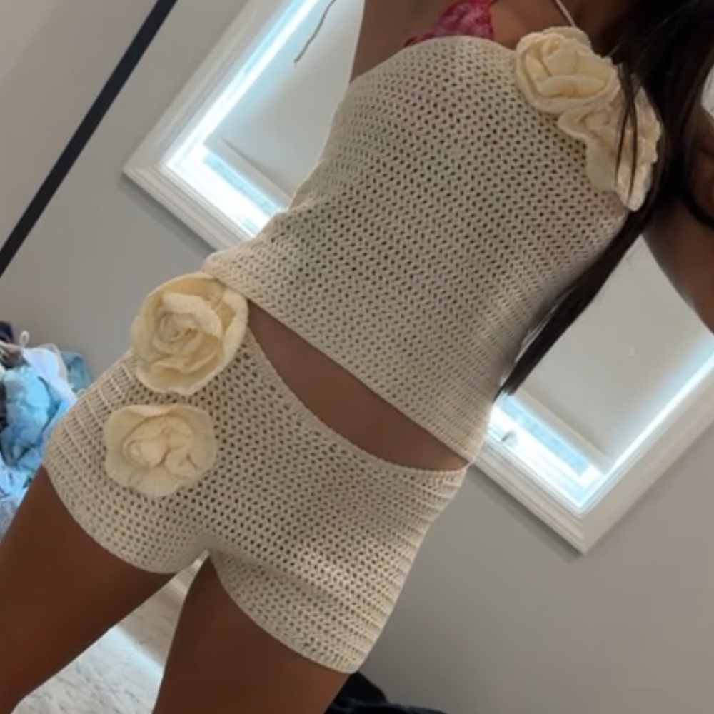 Cream Crochet women short set  with Floral Accents